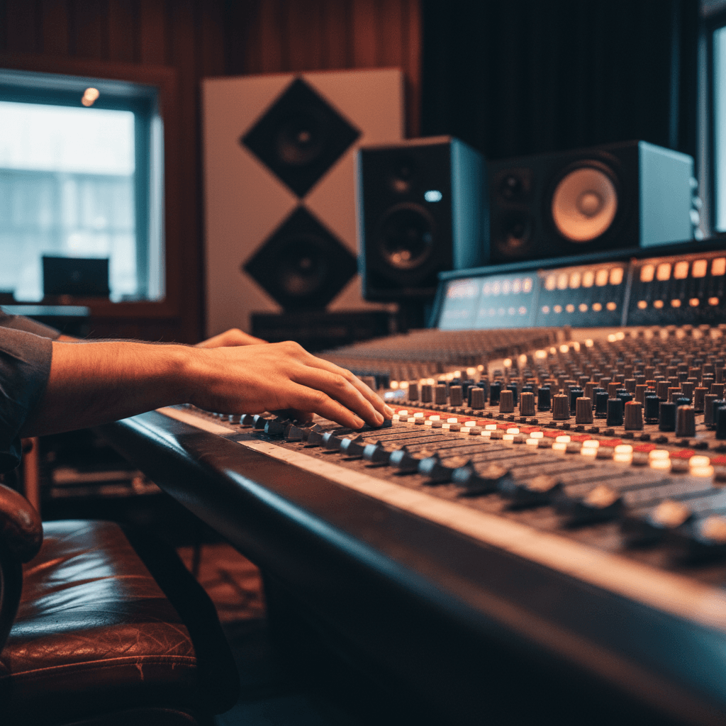 Producer's hands adjusting audio mixing console faders in professional recording studio control room