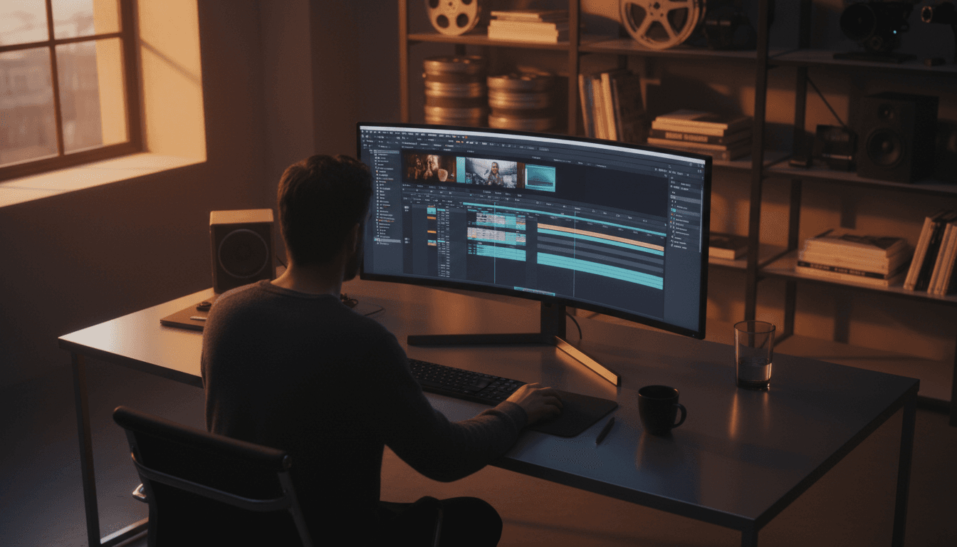 Filmmaker at minimalist desk editing video on large monitor with timeline displayed, surrounded by creative workspace and warm ambient lighting